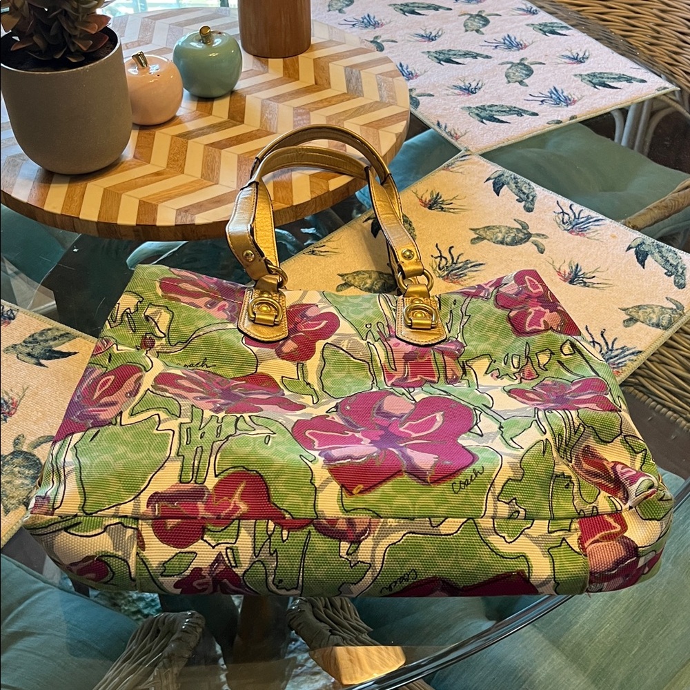 Coach Floral Tote in Green, Pink & Gold Accents - Picture 5 of 12